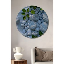 Teona Ahşap Beyaz Taşlar ve Yeşil Yapraklar Yağlı Boya Görünümlü Dekoratif Ahşap Tablo Yuvarlak Duvar Tablosu