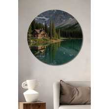 Teona Ahşap Ahşap Evli Dağ Manzaralı Sulu Boya Görünümlü Sanat Tablosu Yuvarlak Duvar Tablosu