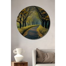 Teona Ahşap Sarı Çiçekli Yol Manzarası Yağlı Boya Görünümlü Ahşap Dekoratif Tablo Yuvarlak Duvar Tablosu