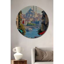 Teona Ahşap Istanbul Boğaz Manzaralı Yağlı Boya Görünümlü Retro Sanat Ahşap Tablo Yuvarlak Duvar Tablosu