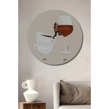 Teona Ahşap Sabah Kahvesinden Akşam Şarabına Yolculuk Sulu Boya Görünümlü Dekoratif Ahşap Tablo Yuvarlak Duvar Tablosu