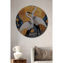 Teona Ahşap Altın Güneş ve Iki Leylek Yağlı Boya Görünümlü Dekoratif Ahşap Tablo Yuvarlak Duvar Tablosu