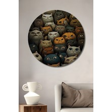 Teona Ahşap Kedi Karmaşası Sulu Boya Görünümlü Ahşap Dekoratif Tablo Yuvarlak Duvar Tablosu