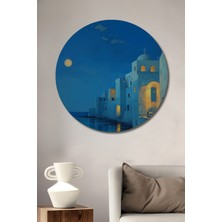 Teona Ahşap Yaz Gecesi Deniz Kenarı Beyaz Evler Yağlı Boya Görünümlü Dekoratif Ahşap Tablo Yuvarlak Duvar Tablosu