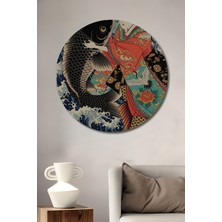 Teona Ahşap Büyük Koi Balığı ve Japon Güzeli Ahşap Dekoratif Tablo Yuvarlak Duvar Tablosu