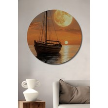 Teona Ahşap Büyük Ay ve Yelkenli Tekne Yağlı Boya Görünümlü Dekoratif Ahşap Tablo Yuvarlak Duvar Tablosu