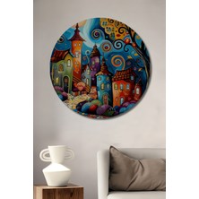 Teona Ahşap Masalsı Şehir Yağlı Boya Görünümlü Ahşap Dekoratif Tablo Yuvarlak Duvar Tablosu