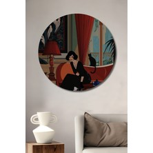 Teona Ahşap Şık Kadın Kedi Köpek ve Kuş Temalı Yağlı Boya Görünümlü Dekoratif Ahşap Tablo Yuvarlak Duvar Tablosu