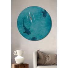 Teona Ahşap Balina Köpek Balıkları ve Kano ile Deniz Macerası Sulu Boya Görünümlü Ahşap Dekoratif Tablo Yuvarlak Duvar Tablosu