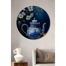 Teona Ahşap Mavi Beyaz Çiçekli Porselen Demlik ve Narenciye Ahşap Dekoratif Tablo Yuvarlak Duvar Tablosu