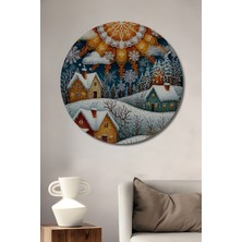 Teona Ahşap Kış Masalı Güneş ve Evler Yağlı Boya Görünümlü Dekoratif Ahşap Tablo Yuvarlak Duvar Tablosu