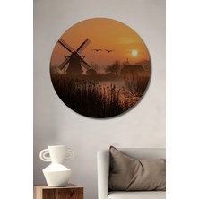 Teona Ahşap Batan Güneş Yeli Yel Değirmeni Ahşap Dekoratif Tablo Yuvarlak Duvar Tablosu