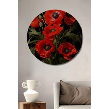 Teona Ahşap Kırmızı Gelincik Buketi Yağlı Boya Görünümlü Ahşap Dekoratif Tablo Yuvarlak Duvar Tablosu