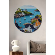 Teona Ahşap Renk Cümbüşü Sahil Kasabası Yağlı Boya Görünümlü Dekoratif Ahşap Tablo Yuvarlak Duvar Tablosu