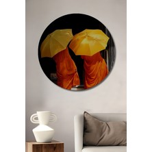 Teona Ahşap Keşişler ve Şemsiyeler Sanat Tablosu Yuvarlak Duvar Tablosu