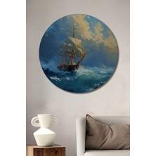 Teona Ahşap Fırtınada Yelkenli Gemi Yağlı Boya Görünümlü Dekoratif Ahşap Tablo Yuvarlak Duvar Tablosu