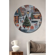 Teona Ahşap Kış Harikalar Diyarı Kahve Dükkanı Yağlı Boya Görünümlü Ahşap Dekoratif Tablo Yuvarlak Duvar Tablosu