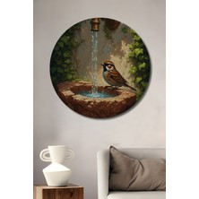 Teona Ahşap Bahçe Çeşmesi Başında Serçe Suluboya Görünümlü Ahşap Dekoratif Tablo Yuvarlak Duvar Tablosu