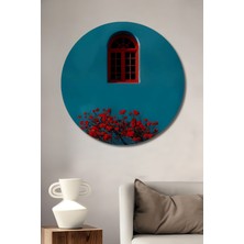 Teona Ahşap Kırmızı Pencere ve Aşk Ağacı Sulu Boya Görünümlü Ahşap Dekoratif Tablo Yuvarlak Duvar Tablosu