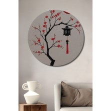 Teona Ahşap Japon Kiraz Çiçeği ve Fenerli Yağlı Boya Görünümlü Dekoratif Ahşap Tablo Yuvarlak Duvar Tablosu