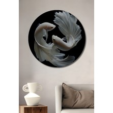 Teona Ahşap Beyaz Savaşçı Balıkları Sanat Tablosu Yuvarlak Duvar Tablosu