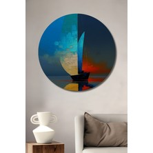 Teona Ahşap Yelkenli Tekne Yağlı Boya Görünümlü Soyut Sanat Ahşap Dekoratif Tablo Yuvarlak Duvar Tablosu