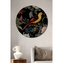Teona Ahşap Muhteşem Kanatlı Kuş ve Canlı Çiçekler Yağlı Boya Görünümlü Ahşap Dekoratif Tablo Yuvarlak Duvar Tablosu