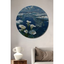 Teona Ahşap Kar Beyazı Zambakları Su Üzerinde Yağlı Boya Görünümlü Modern Sanat Ahşap Dekoratif Tablo Yuvarlak Duvar Tablosu