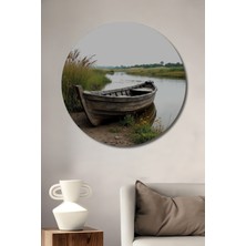 Teona Ahşap Eski Ahşap Kayık Manzaralı Yağlı Boya Görünümlü Dekoratif Ahşap Tablo Yuvarlak Duvar Tablosu