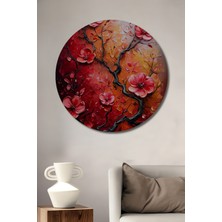 Teona Ahşap Canlı Kırmızı Çiçek Ağacı Yağlı Boya Görünümlü Dekoratif Ahşap Tablo Yuvarlak Duvar Tablosu
