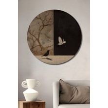 Teona Ahşap Karga ve Güvercin Aşkına Modern Sanat Ahşap Dekoratif Tablo Yuvarlak Duvar Tablosu