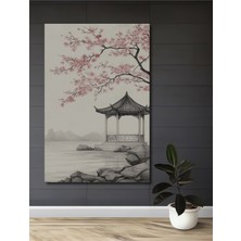 Teona Ahşap Sulu Boya Görünümlü Kiraz Çiçekleri ve Köşk Manzaralı Ahşap Dekoratif Ev,antre,salon,ofis Tablo