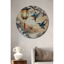 Teona Ahşap Doğa Esintili Kuş ve Lale Sulu Boya Görünümlü Ahşap Dekoratif Tablo Yuvarlak Duvar Tablosu