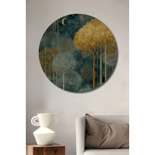 Teona Ahşap Altın Yapraklı Gızemlı Orman Tablosu Yuvarlak Duvar Tablosu