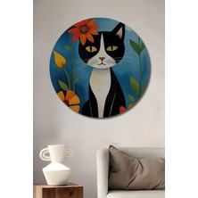 Teona Ahşap Şirin Kedi ve Turuncu Çiçekler Sulu Boya Görünümlü Dekoratif Ahşap Tablo Yuvarlak Duvar Tablosu