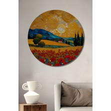 Teona Ahşap Altın Bulutlar ve Gelincik Tarlası Yağlı Boya Görünümlü Ahşap Dekoratif Tablo Yuvarlak Duvar Tablosu