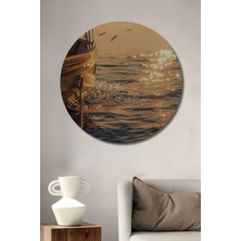 Teona Ahşap Güneş Işıltılı Denizde Yelkenli Gemi ve Uçan Martılar Yağlı Boya Görünümlü Ahşap Dekoratif Tablo Yuvarlak Duvar Tablosu