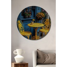 Teona Ahşap Sarı Ferforje Masa Sandalye Seti Yağlı Boya Görünümlü Ahşap Dekoratif Tablo Yuvarlak Duvar Tablosu