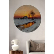Teona Ahşap Batan Güneş Kış Manzarası Yağlı Boya Görünümlü Ahşap Dekoratif Tablo Yuvarlak Duvar Tablosu
