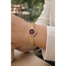 Boris Accessory Kadın Kol Saati Altın Renk Örgü Metal Kordon Bordo Kadran Taşlı Çerçeve