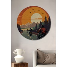 Teona Ahşap Motorcycle Road Trip Gün Batımı Yağlı Boya Görünümlü Sanat Tablosu Yuvarlak Duvar Tablosu