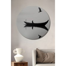 Teona Ahşap Siyah Beyaz Tekne Kuş Silüeti Ahşap Dekoratif Tablo Yuvarlak Duvar Tablosu