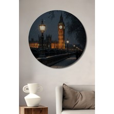 Teona Ahşap Büyük Saat Kulesi Manzarası Kış Işıltısı Yağlı Boya Görünümlü Ahşap Dekoratif Tablo Yuvarlak Duvar Tablosu