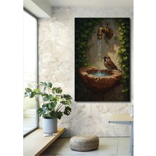 Teona Ahşap Bahçe Çeşmesi Başında Serçe Suluboya Görünümlü Ahşap Dekoratif Ev,antre,salon,ofis,mutfak Tablo