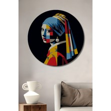 Teona Ahşap Inci Küpeli Kız Geometrik Sanat Ahşap Dekoratif Tablo Yuvarlak Duvar Tablosu