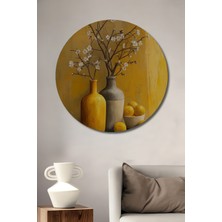 Teona Ahşap Sarı Vazoda Çiçekli Dallara Rağmen Limonlar Yağlı Boya Görünümlü Ahşap Tablo Yuvarlak Duvar Tablosu