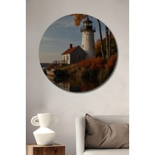 Teona Ahşap Sonbaharın Büyülü Işıltısı Deniz Feneri Ahşap Dekoratif Tablo Yuvarlak Duvar Tablosu