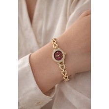 Boris Accessory Kadın Kol Saati - Zincir Kalp Bileklik Kordon - Taşlı Bordo Kalp Detaylı Kadran