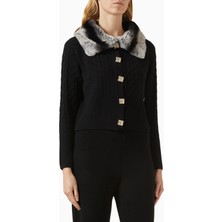 Izaak Azanei Fur-Trim Buttoned Cardigan, Siyah Şık ve Lüks Kadın Yün-Kaşmir Hırka
