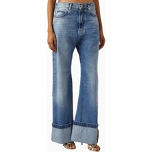 Pinko Wanda Turn-Up Wide-Leg Jeans, Lüks Mavi Denim Pantolon Katlı Paça Detaylı